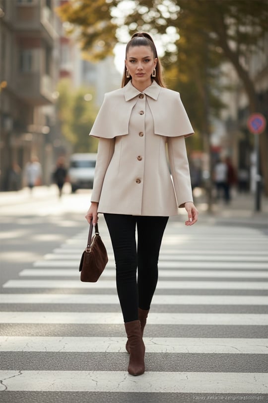 Regular Fit Pelerin Detaylı Düğmeli Kadın Ceket 6927687 TAŞ