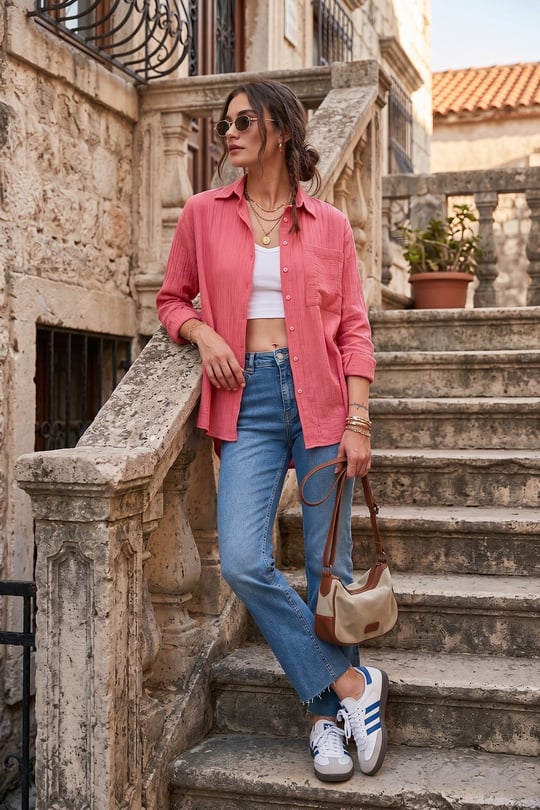 Regular Fit Tek Cepli Önü Kısa Arkası Uzun Krinkıl Kadın Gömlek 6772752 FUŞYA