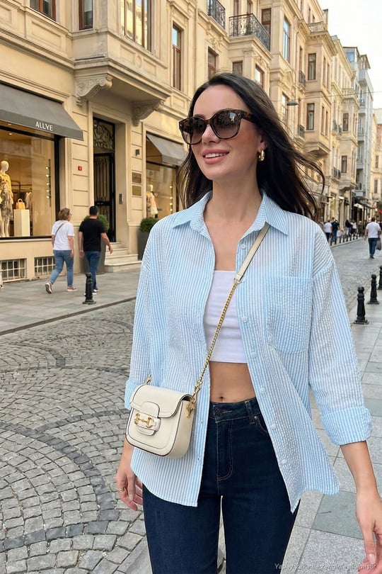 Regular Fit Uzun Kollu Cepli Çizgili Kadın Gömlek 6772895 BEBE MAVİ