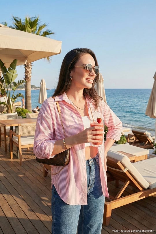 Regular Fit Uzun Kollu Cepli Çizgili Kadın Gömlek 6772895 Şeker Pembe