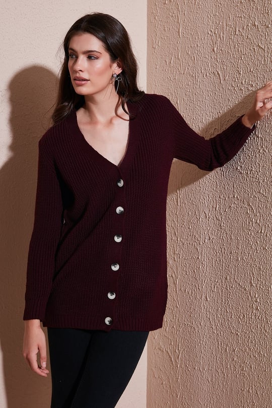 Regular Fit V Yaka Düğmeli Triko Örme Uzun Kadın Hırka 4615044 BORDO