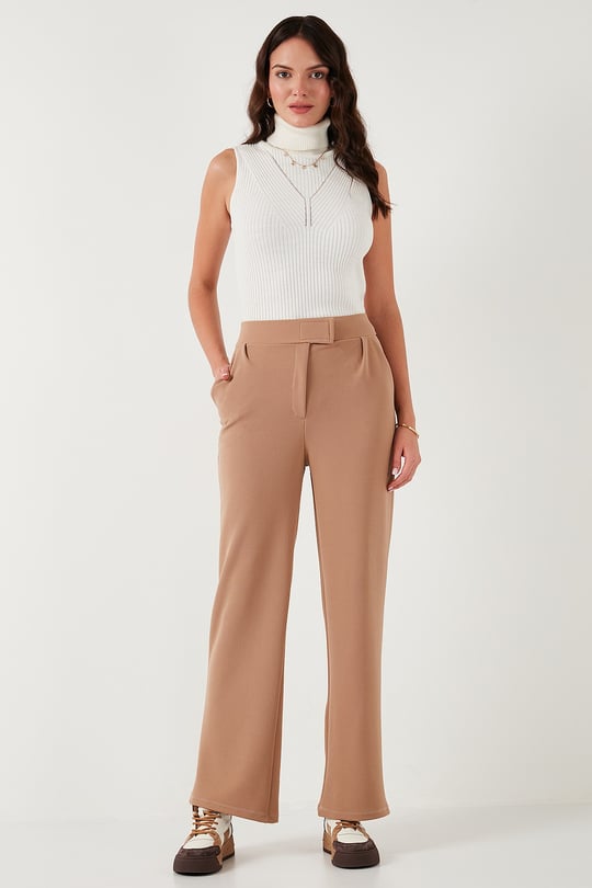 Regular Fit Yüksek Bel Bol Paça Kadın Pantolon 5861279 TABA