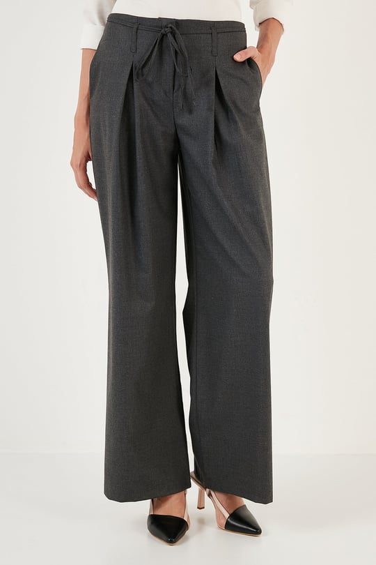 Regular Fit Yüksek Bel Bol Paça Pileli Palazzo Kadın Pantolon 611PL00198 ANTRASİT