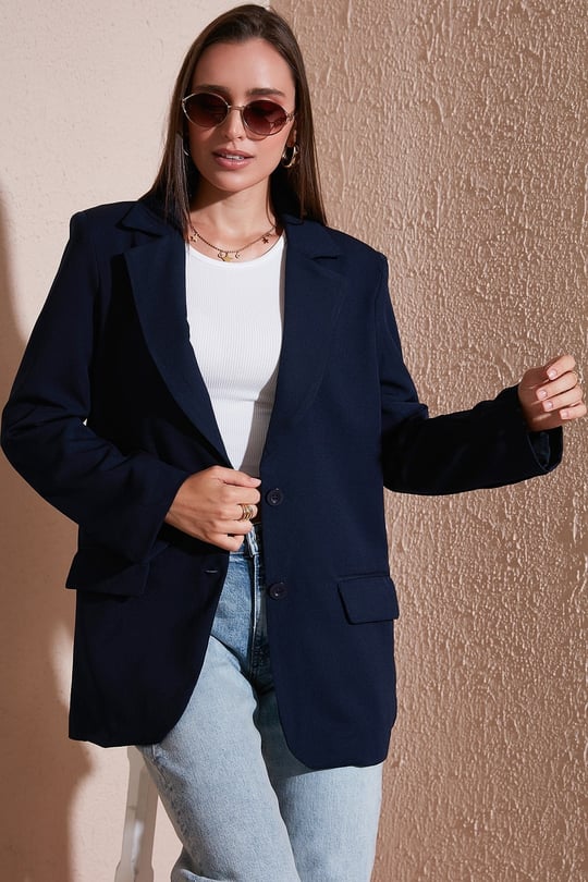 Relaxed Fit Mono Yaka Cepli Blazer Kadın Ceket 611BC00132 LACİVERT