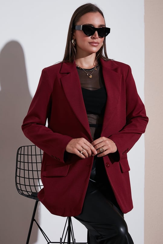 Relaxed Fit Mono Yaka Cepli Blazer Kadın Ceket 611BC00132 BORDO