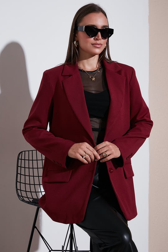 Relaxed Fit Mono Yaka Cepli Blazer Kadın Ceket 611BC00132 BORDO
