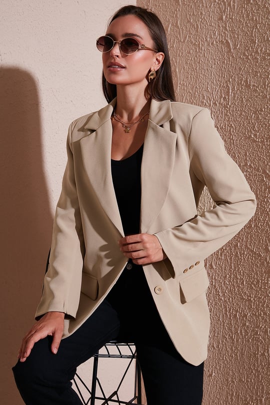 Relaxed Fit Mono Yaka Cepli Blazer Kadın Ceket 611BC00132 VİZON