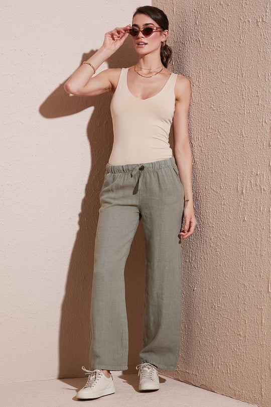 Relaxed Fit Normal Bel Geniş Paça Çİft Cepli Keten Kadın Pantolon 668YP4991 HAKİ