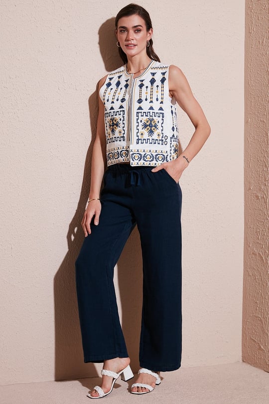 Relaxed Fit Normal Bel Geniş Paça Çİft Cepli Keten Kadın Pantolon 668YP4991 LACİVERT