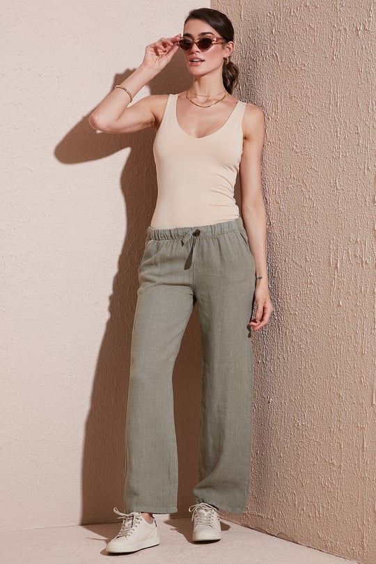 Relaxed Fit Normal Bel Geniş Paça Çİft Cepli Keten Kadın Pantolon 668YP4991 HAKİ