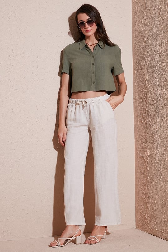 Relaxed Fit Normal Bel Geniş Paça Çİft Cepli Keten Kadın Pantolon 668YP4991 TAŞ