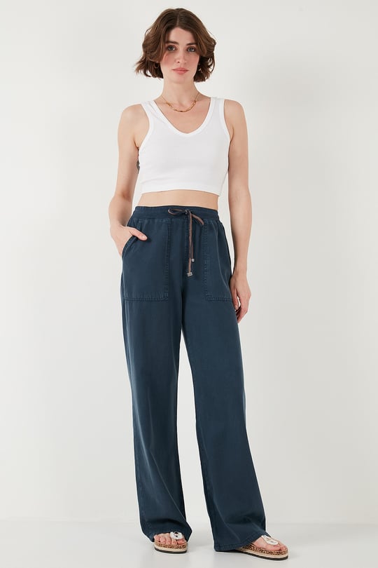 Relaxed Fit Yüksek Bel Bol Paça Kadın Pantolon 668YP5040 LACİVERT