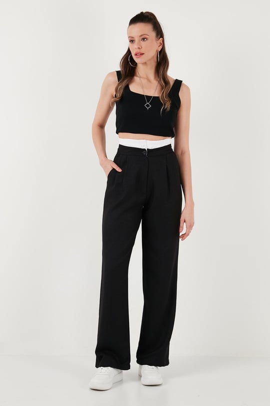 Relaxed Fit Yüksek Bel Bol Paça Kadın Pantolon 673P1012 SİYAH