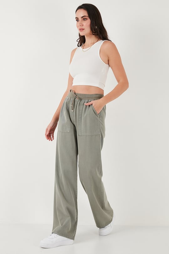 Relaxed Fit Yüksek Bel Bol Paça Kadın Pantolon 668YP5040 HAKİ