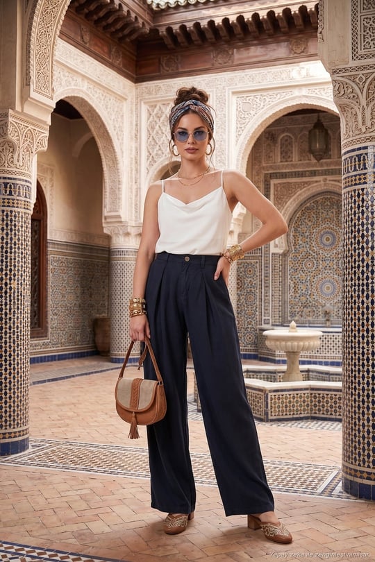 Relaxed Fit Yüksek Bel Geniş Paça Kadın Pantolon 668YP5515 LACİVERT