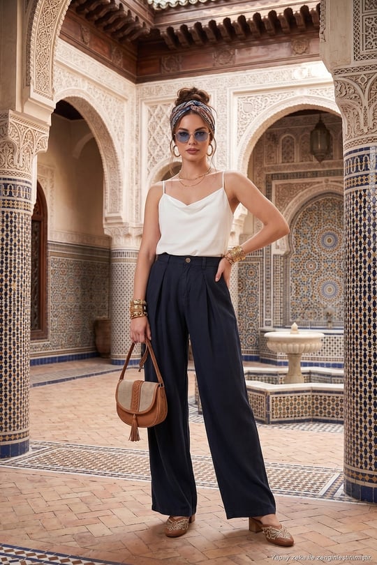 Relaxed Fit Yüksek Bel Geniş Paça Kadın Pantolon 668YP5515 LACİVERT