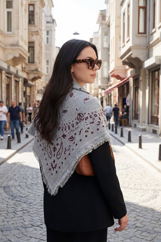 Saçaklı Etnik Desenli 100 x 100 cm Kadın Şal 6941302 GRİ-BORDO