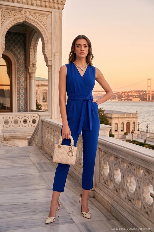 Slim Fit Düz Paça Kruvaze Yaka Kemerli Kadın Tulum 6783626 SAKS