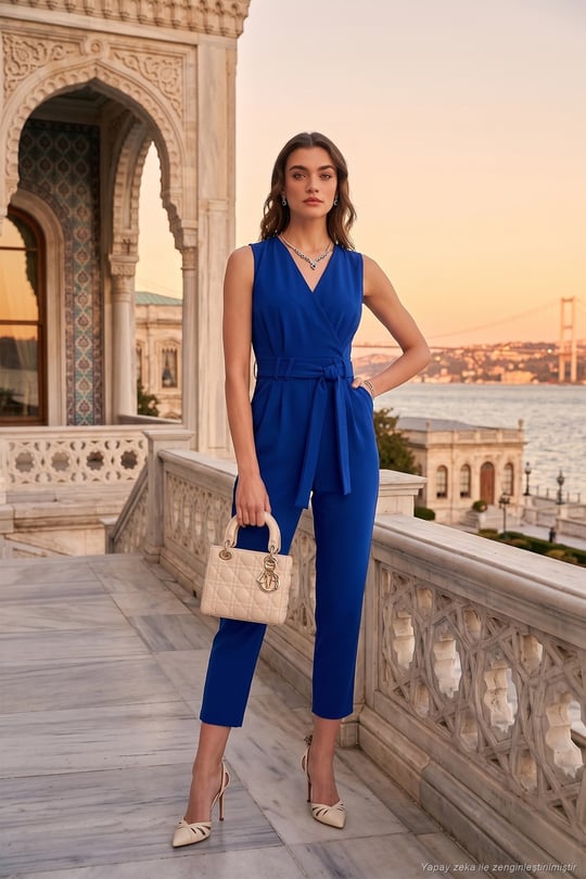 Slim Fit Düz Paça Kruvaze Yaka Kemerli Kadın Tulum 6783626 SAKS
