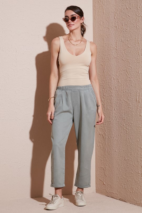 Slim Fit Normal Bel Boru Paça Kadın Pantolon 668YP5372 AÇIK HAKİ