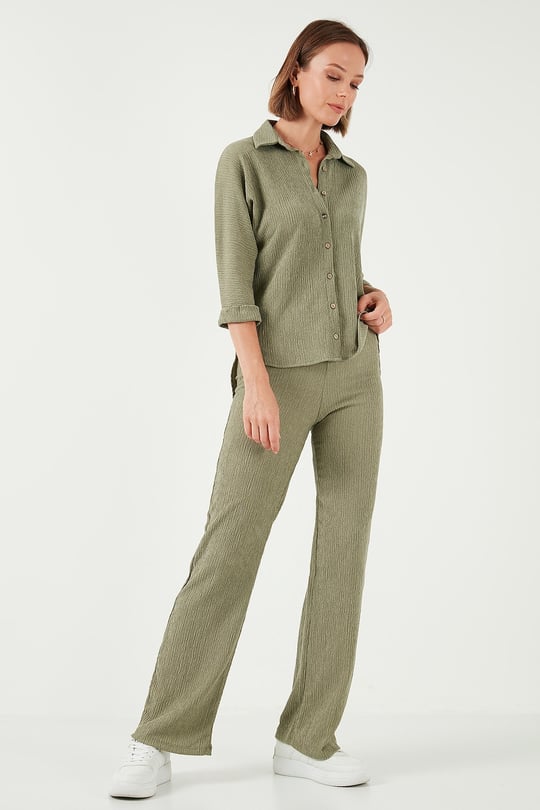 Slim Fit Yüksek Bel Geniş Paça Dokulu Kadın Pantolon 5865944 Olive