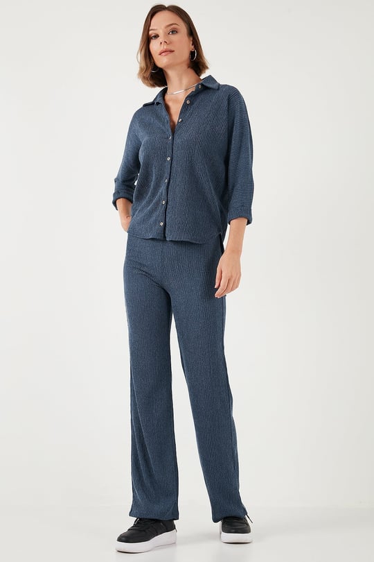 Slim Fit Yüksek Bel Geniş Paça Dokulu Kadın Pantolon 5865944 İNDİGO