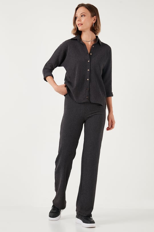 Slim Fit Yüksek Bel Geniş Paça Dokulu Kadın Pantolon 5865944 ANTRASİT