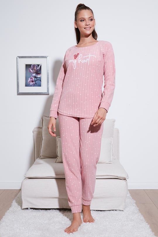 Standart Fit Bisiklet Yaka Kadın Pijama Takımı 6093735 PUDRA