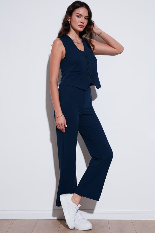 Standart Fit Çimalı Yüksek Bel Düz Paça Kadın Pantolon 5865972 LACİVERT