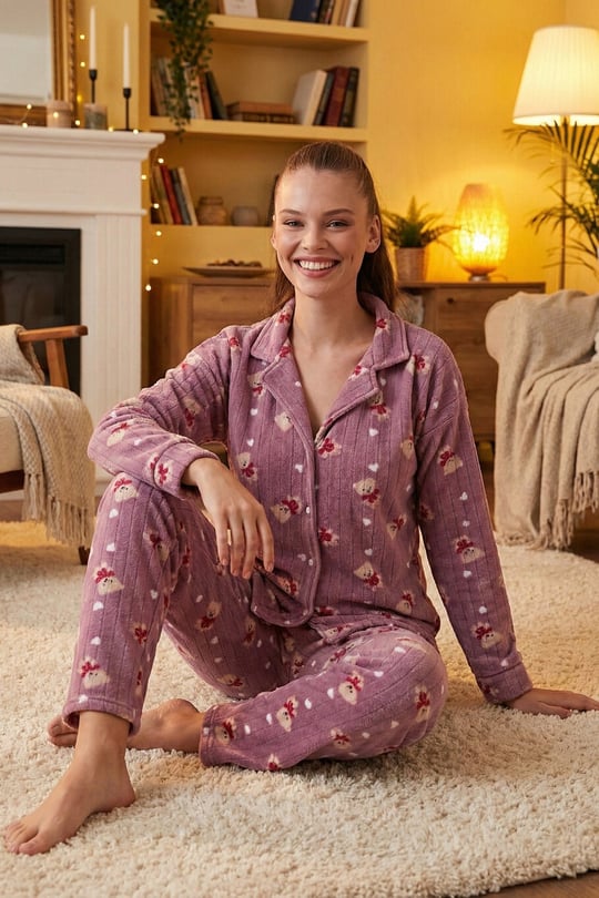 Lela Standart Fit Düğmeli Polarlı Kadın Pijama Takımı 6095615 LİLA