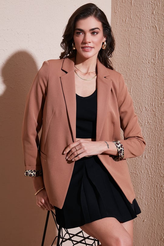 Standart Fit Mono Yaka Desenli Astar Detaylı Blazer Kadın Ceket 6524003 CAMEL
