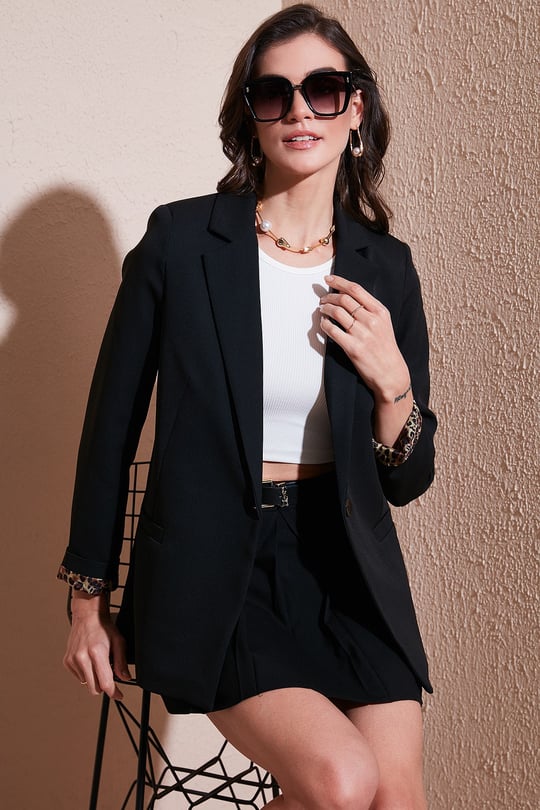 Standart Fit Mono Yaka Desenli Astar Detaylı Blazer Kadın Ceket 6524003 SİYAH