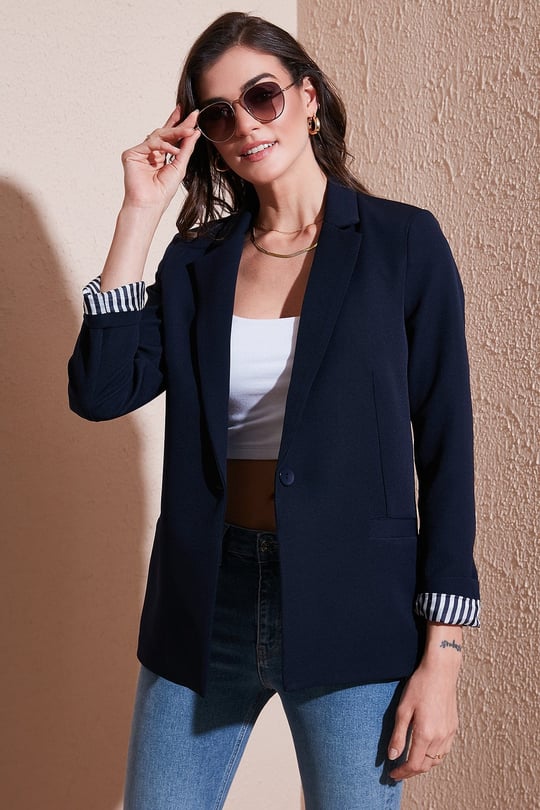 Standart Fit Mono Yaka Desenli Astar Detaylı Blazer Kadın Ceket 6524003 LACİVERT
