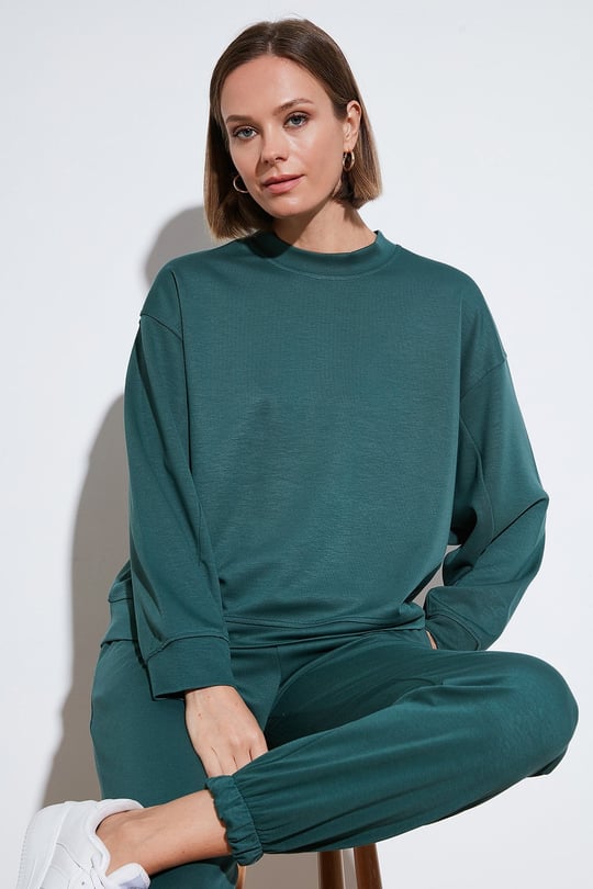 Streç Bisiklet Yaka Oversize Fit Scuba Kadın Sweat 5865879 NEFTİ
