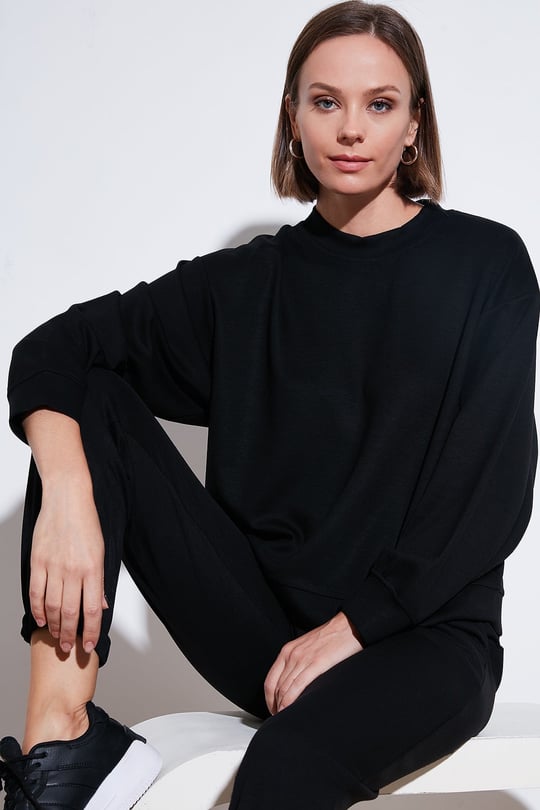 Streç Bisiklet Yaka Oversize Fit Scuba Kadın Sweat 5865879 SİYAH