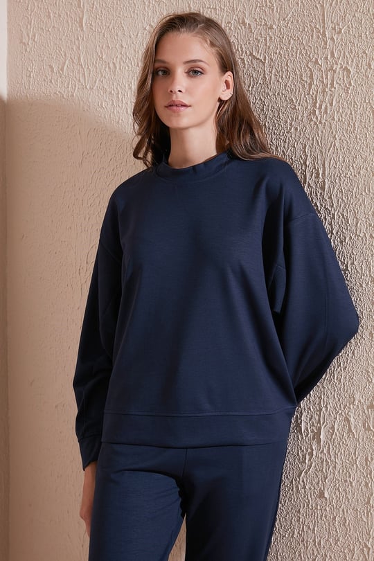 Streç Bisiklet Yaka Oversize Fit Scuba Kadın Sweat 5865879 LACİVERT