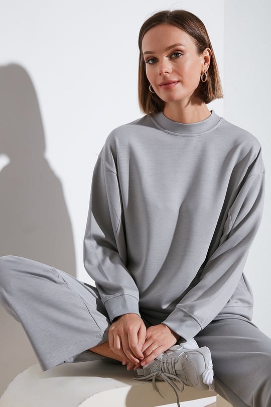 Streç Bisiklet Yaka Oversize Fit Scuba Kadın Sweat 5865879 GRİ