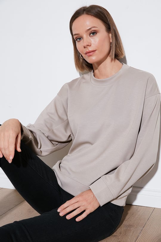 Streç Bisiklet Yaka Oversize Fit Scuba Kadın Sweat 5865879 TAŞ