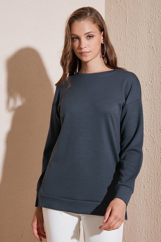 Streç Oversize Fit Bisiklet Yaka Modal Kumaş Kadın Sweat 5865877 FÜME