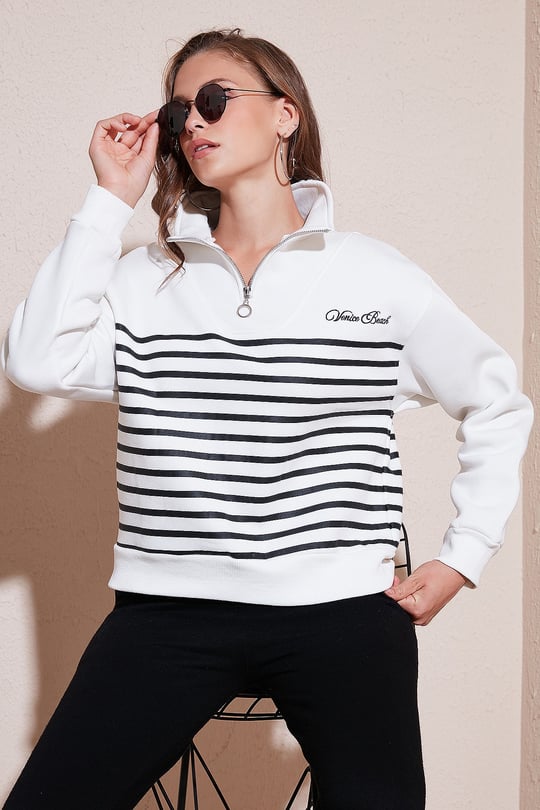 Streç Oversize Fit Yarım Fermuarlı Dik Yaka Kadın Sweat 5865883 EKRU