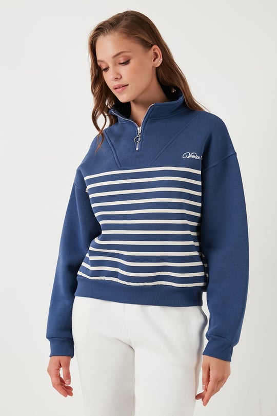 Streç Oversize Fit Yarım Fermuarlı Dik Yaka Kadın Sweat 5865883 İNDİGO