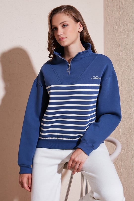 Streç Oversize Fit Yarım Fermuarlı Dik Yaka Kadın Sweat 5865883 İNDİGO