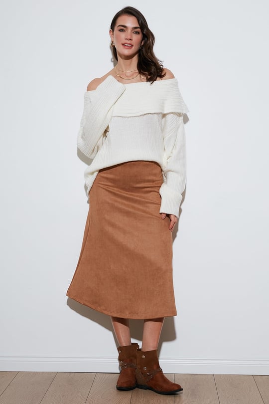 Streç Regular Fit Yüksek Bel Midi Boy Süet Çan Kadın Etek 5866180 VİZON