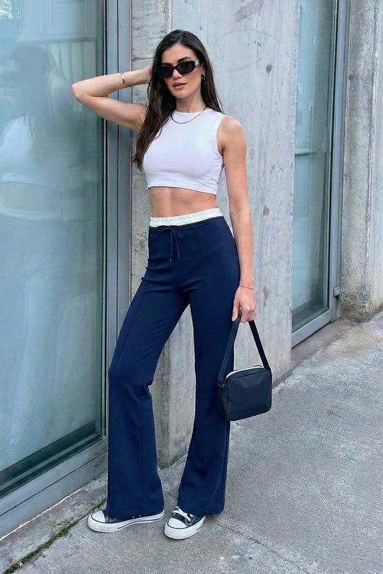 Streç Slim Fit Yüksek Bel Geniş Paça Çimalı Kadın Eşofman Altı 5866078 LACİVERT
