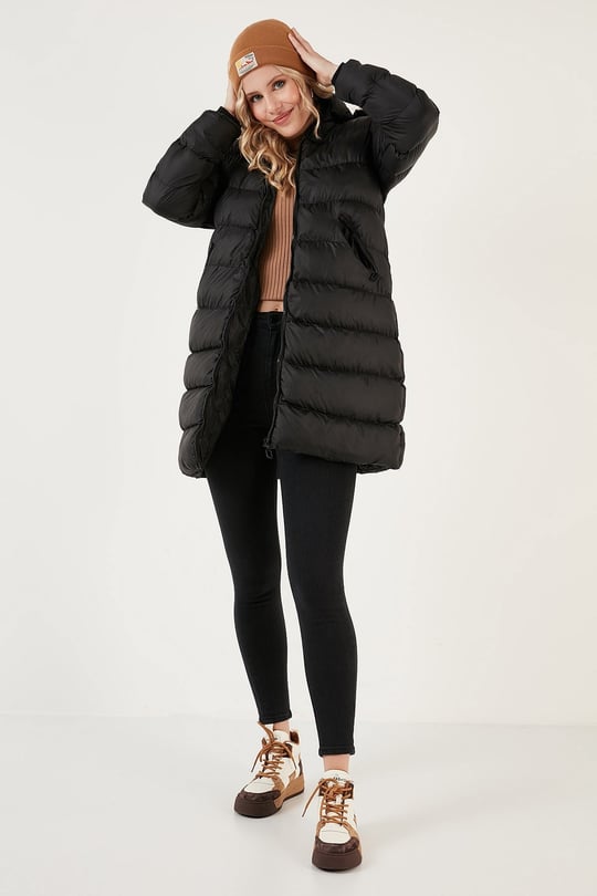Su İtici Regular Fit Çıkarılabilir Kapüşonlu Şişme Kadın Mont 640Y001 SİYAH