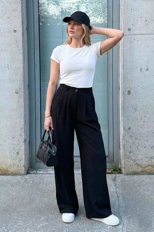 Wide Leg Yüksek Bel Geniş Paça Palazzo Kadın Pantolon 5866290 SİYAH