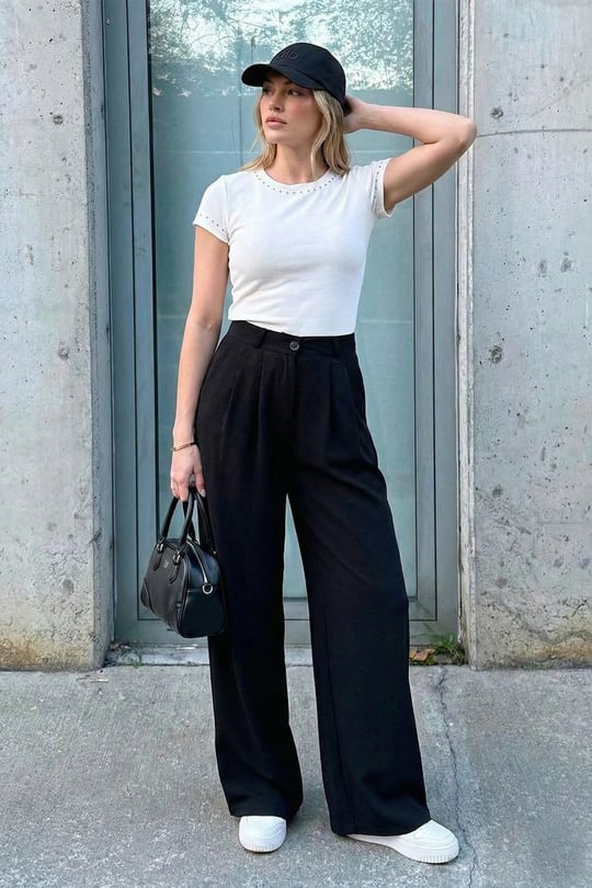 Wide Leg Yüksek Bel Geniş Paça Palazzo Kadın Pantolon 5866290 SİYAH
