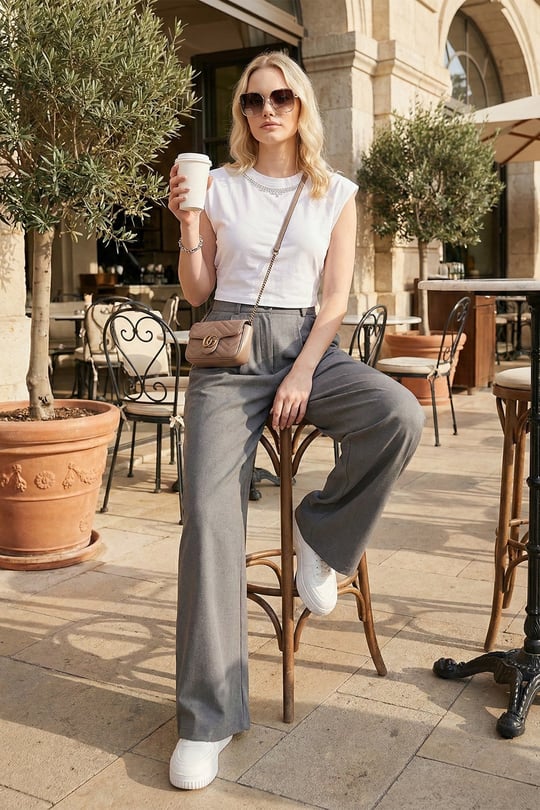 Wide Leg Yüksek Bel Geniş Paça Palazzo Kadın Pantolon 5866290 GRİ