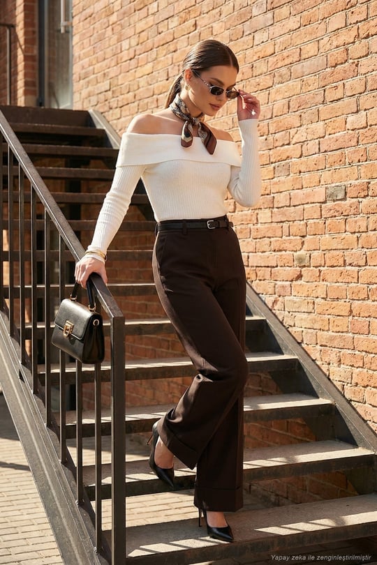 Wide Leg Yüksek Bel Kıvırma Detaylı Bol Paça Kemerli Kadın Pantolon 6923841 KAHVE