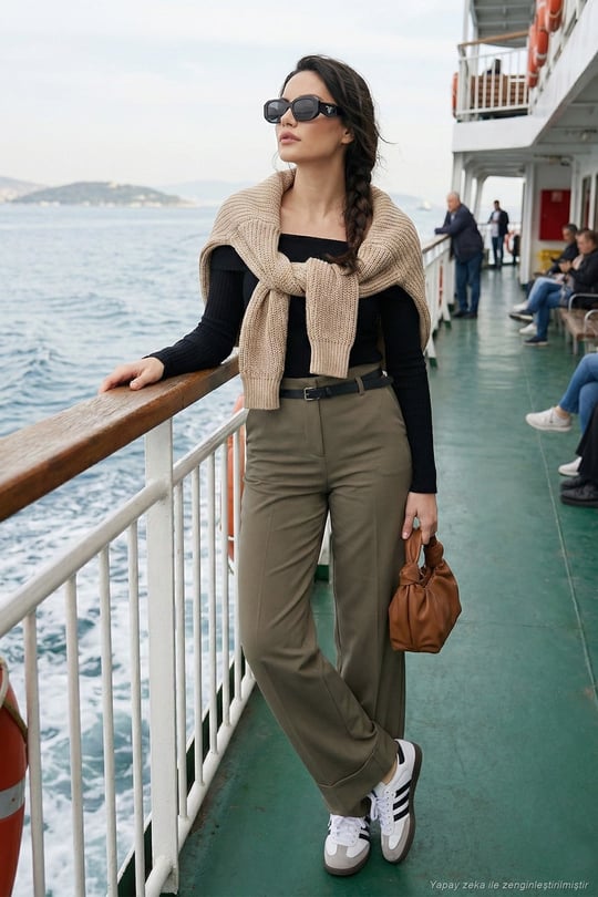 Wide Leg Yüksek Bel Kıvırma Detaylı Bol Paça Kemerli Kadın Pantolon 6923841 HAKİ